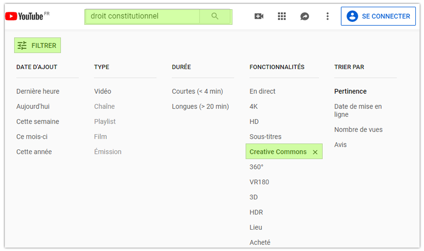 Exemple de recherche de médias en Creative Commons dans YouTube