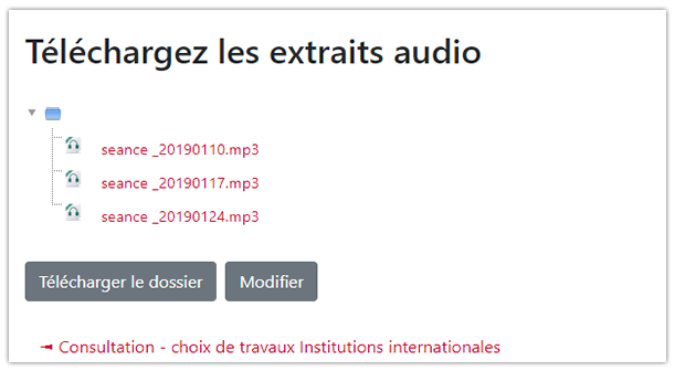 Exemple - Médias audio regroupés dans un dossier pour le téléchargement